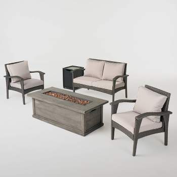 Honolulu 5pc Wicker Chat Set with Fire Pit - Gray/Light Gray/Gray - Christopher Knight Home