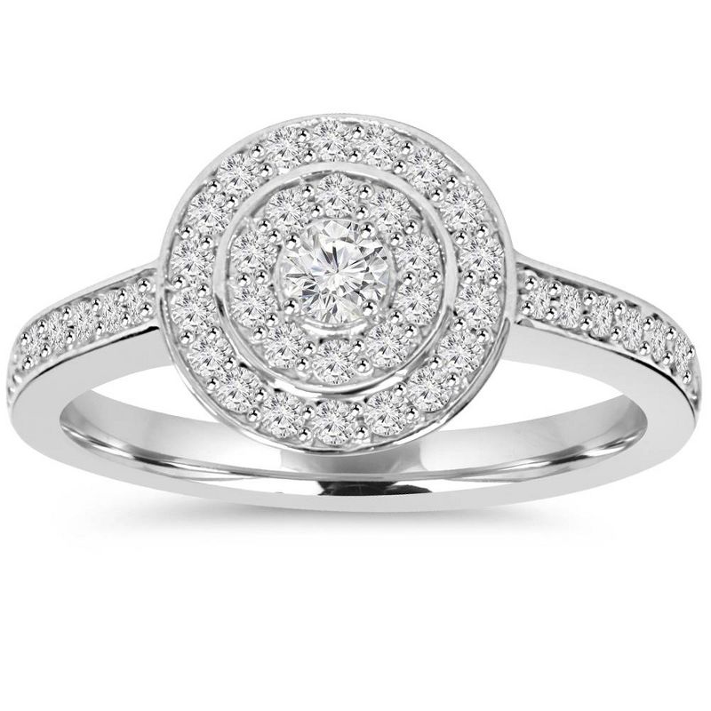 Pompeii3 1/2ct Double Halo Round Diamond Engagement Ring 10K White Gold, 1 of 5