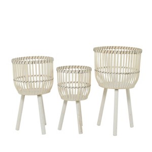 Olivia & May 3pc Bohemian Bamboo Planters White: Handmade Indoor Decorative Set, No Drainage Holes - 1 of 4