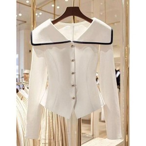 TIME HOLLOW Navy Collar Button Decor Blouse - 1 of 3