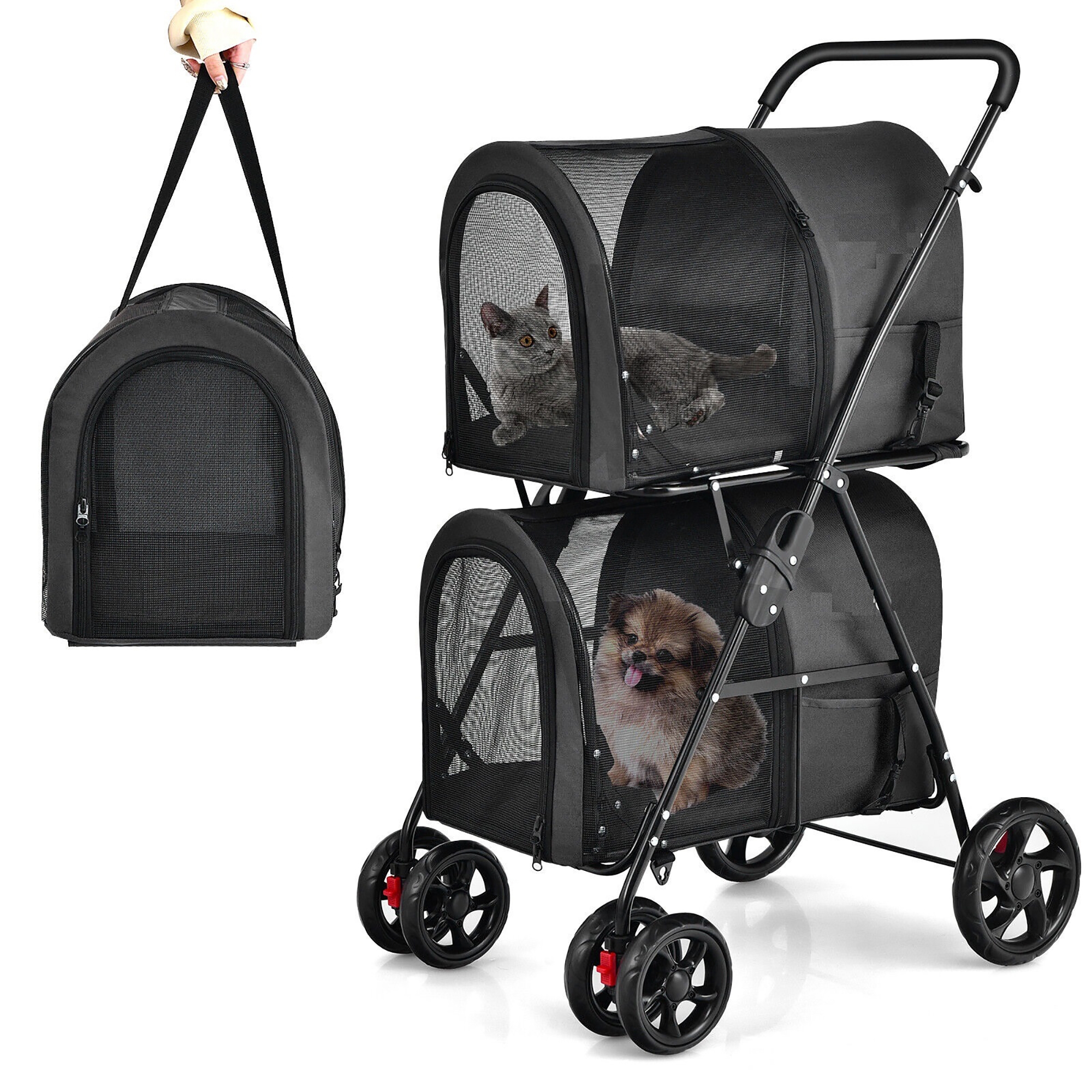 Costway Double Pet Stroller with 2 Detachable Carrier Bags Safety Belt 4 Lockable Wheels Cat Stroller Travel Carrier Strolling Cart Folding Black