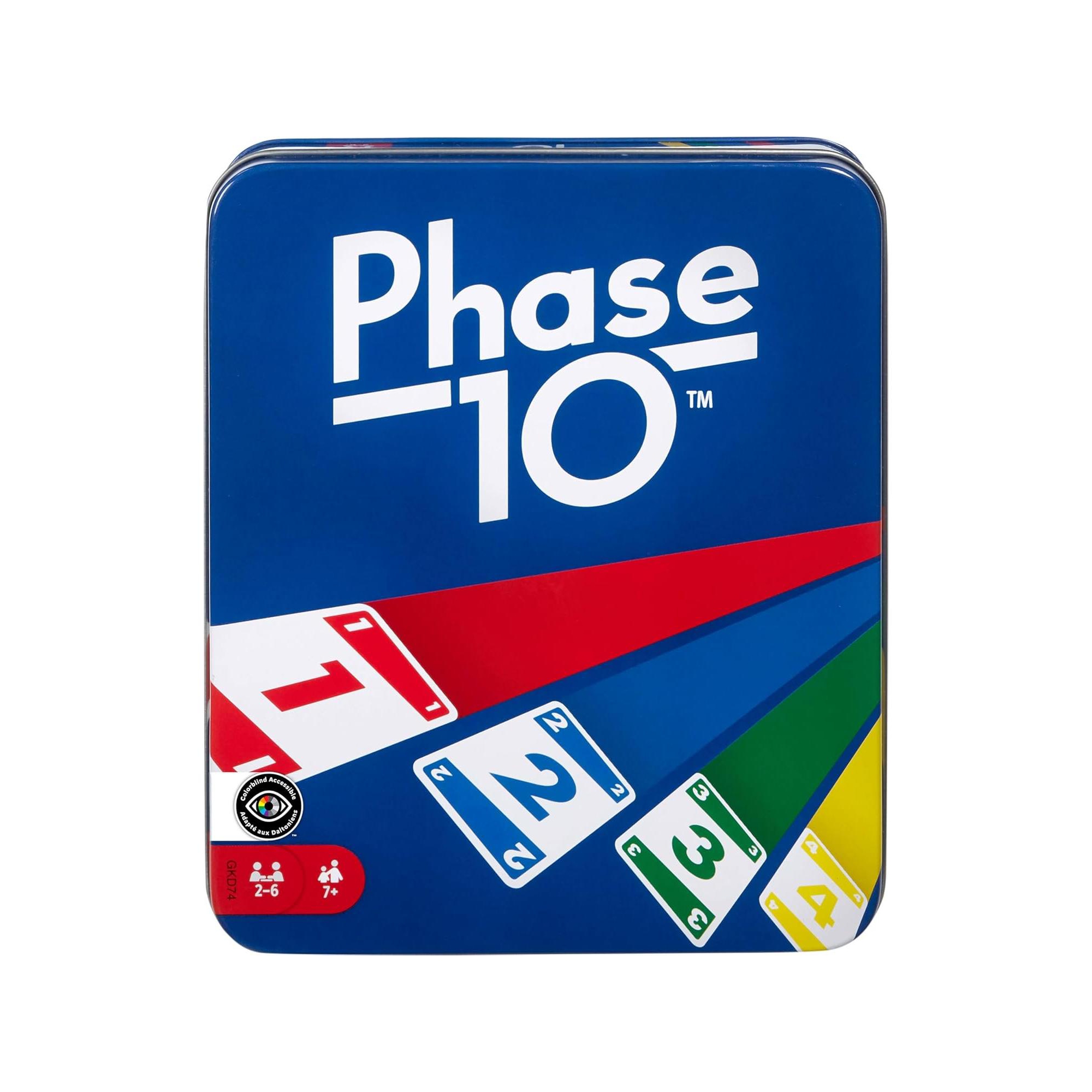 Mattel Games Phase 10 Card Game with 108 Cards, Color Blind Accessible Deck, Decorative Tin Storage, Family Adult and Kids Game Night Gift, Ages 7+