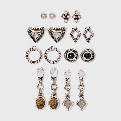 Delicate and Geometric Semi-Precious Mix Stud Earring Set 8pc - Universal Thread™ Silver