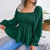 MISSKY Women's Casual Square Neck Shirred Lantern Long Sleeve Frill Trim Flared Hem Blouse Shirt Top - 2 of 4