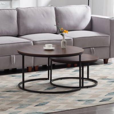 Kumasinova Set of 2 Round Coffee Table for Living Room,Nesting Coffee Table with Metal Legs,Modern Center Table for Office,Bedroom,Brown