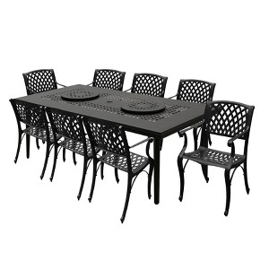 9pc Outdoor Dining Set with 84" Modern Ornate Mesh Aluminum Large Rectangular Table & Modern Chairs - Black - Oakland Living - 1 of 4