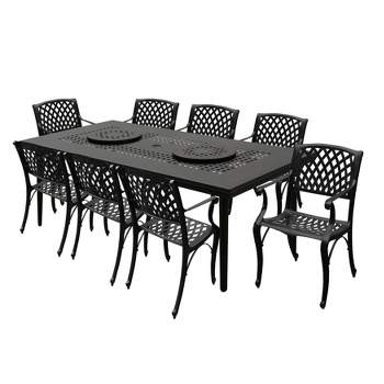 9pc Outdoor Dining Set with  84" Modern Ornate Mesh Aluminum Large Rectangular Table & Modern Chairs - Black - Oakland Living
