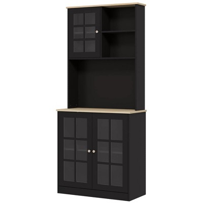 72" Freestanding Storage Cabinet with Hutch, Large Countertop, Glass Doors and Adjustable Shelves