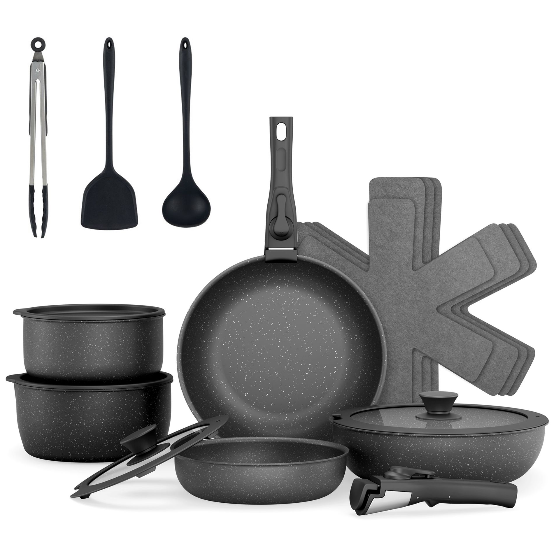 SUGIFT 18-Piece Nonstick Granite Cookware Set with Removable Handle – Oven Safe, Induction Compatible, Dishwasher Safe