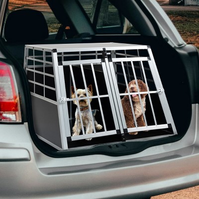 Aluminum Pet Transport Box for Dogs and Cats,Car Travel Crate with Lockable Door,Trapezoidal Design,Black Ventilated Kennel-The Pop Home