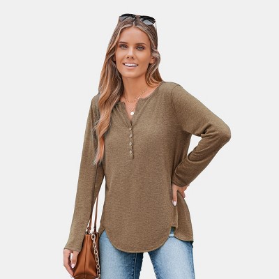 Women's Slub Knit Long Sleeve Henley Tee Top -Cupshe