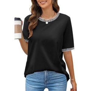 Coolmee Women's Tops Short Sleeve Striped Color Block T Shirts Crew Neck Loose Casual Tee Tops - 1 of 4