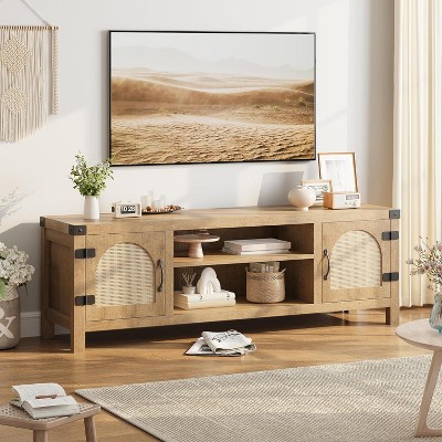 Nasitip Rattan TV Stand for Living Room, Boho Entertainment Center with Rattan Door and Adjustable Shelves, Media Console with 2-Tier Open Storage