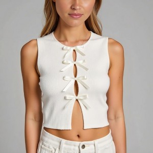 Knit & Lounge Women’s Bow Front Ribbed Knit Tank Top Sleeveless Cropped Scoop Neck Stretchy Fitted Casual Top- X Large ,Ivory - 1 of 4