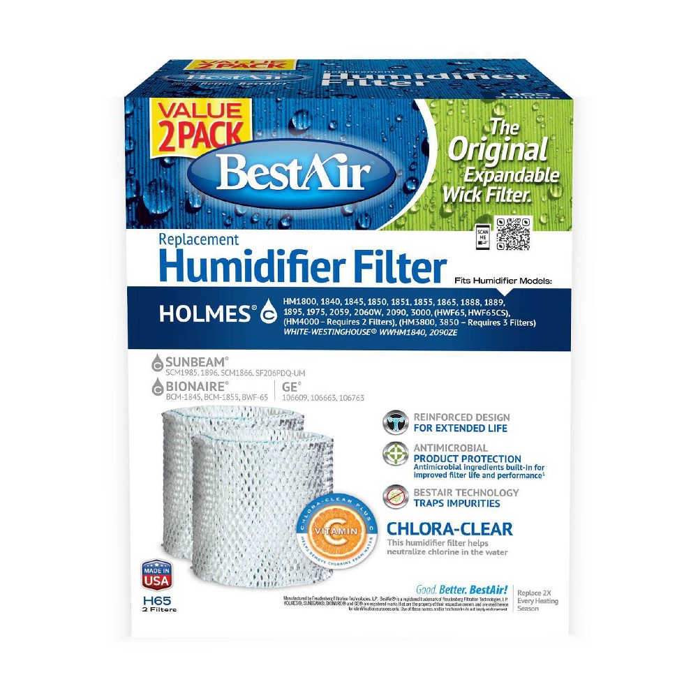 BestAir 2pk H65 Humidifier Replacement Filter for Holmes Humidifiers: Wick Filters, Captures Minerals & Bacteria, 10.6" Height