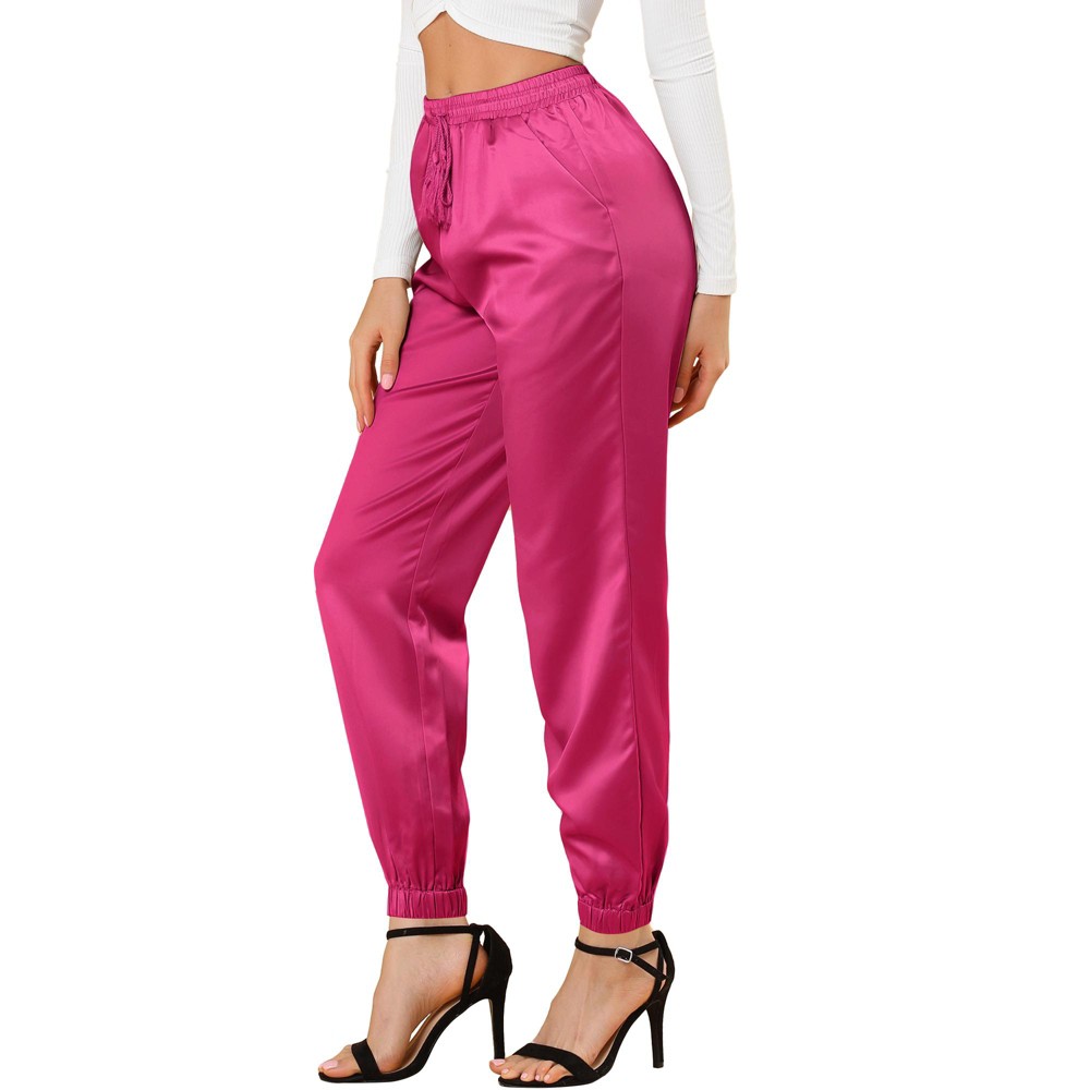 INSPIRE CHIC Women's Drawstring Elastic Waist Athleisure Ankle Length Satin Joggers Pants with Pockets Large Hot Pink