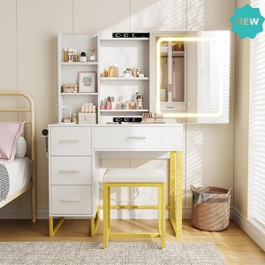 Jojoka Vanity Desk with Mirror and Lights, Sliding LED Mirror, Charging Ports, 4 Drawers, Hidden Storage & Hair Dryer Holder - 1 of 4