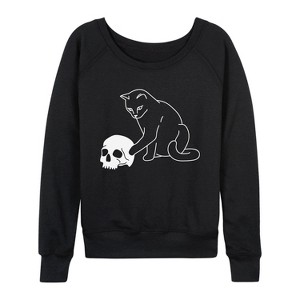 Women's - Instant Message - Cat Playing with Skull Lightweight French Terry Wide Neck Long Sleeve Graphic Shirt - 1 of 4