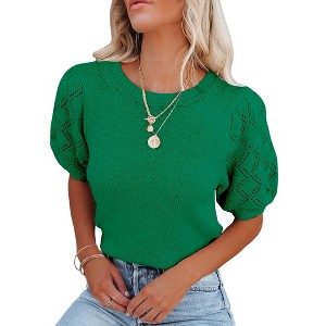 BLUEMING Sweater Tops for Women Short Sleeve Crew Neck Summer Knit Shirt Eyelet Knit Elbow Sleeve Tops - 1 of 3
