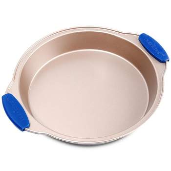 NutriChef Non-Stick Round Pan - Deluxe Nonstick Gold Coating Inside & Outside with Blue Silicone Handles