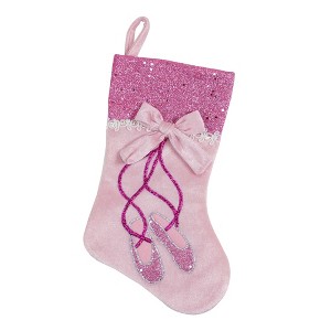 Northlight 14" Pink and Silver Ballerina Shoes Christmas Stocking with Glitter Cuff and Bow - 1 of 4