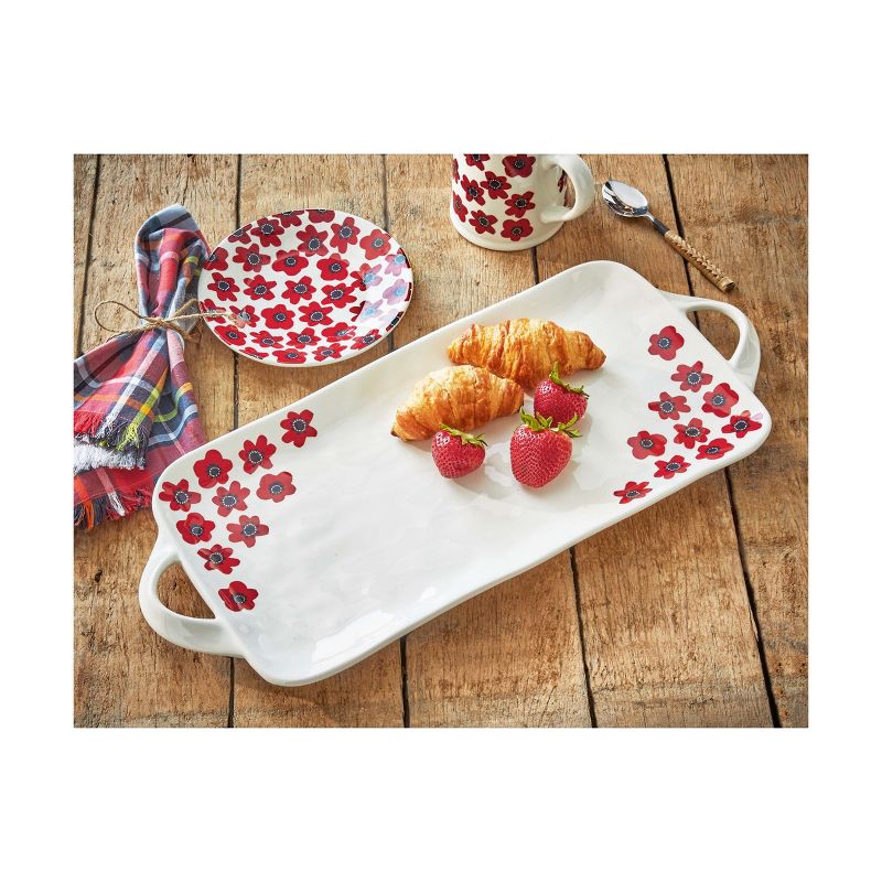 TAG Happy Flower Red Floral on White Earthenware Rectangle Platter with Handles Dishwasher Safe, 17L x 9W inches, 2 of 4