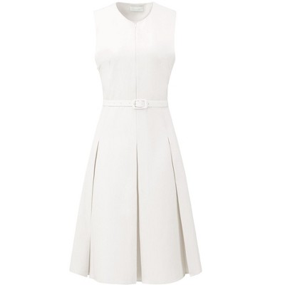 INSPIRE CHIC Women's Round Neck Sleeveless Zip Front Belted Fit Flare Work Dresses
