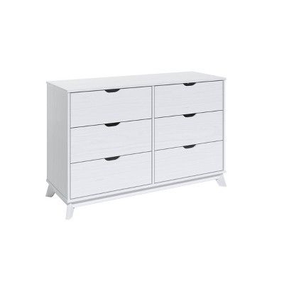 Pensy Solid Wood Mid-Century Modern 6 Drawer Dresser White - Powell: Pine Construction, Metal Hardware, UV Coated