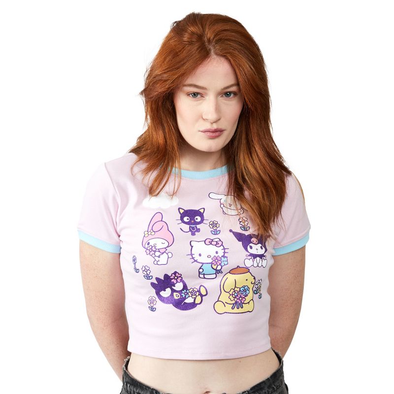 Hello Kitty & Friends Smell The Flowers Glitter Print Crew Neck Short Sleeve Pink Women's Crop TopTee, 2 of 4