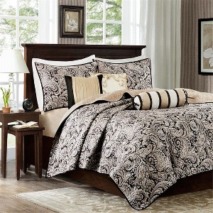 Sapphtopaz 6 Piece Quilt Set Comforter Set Jacquard Plant Printing Vermicelli Quilting Reversible Quilt with Throw Pillows - 1 of 4