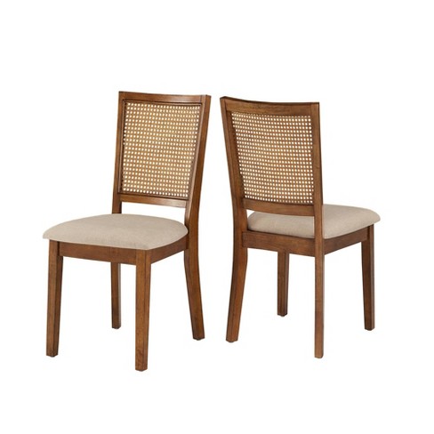 Set Of 2 South Hill Beige Linen Rattan Back Dining Chairs Natural ...