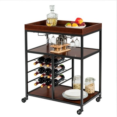 Costway 3 Tier Storage Kitchen Trolley Utility Bar Serving Cart w/Wine Rack & Glass Holder