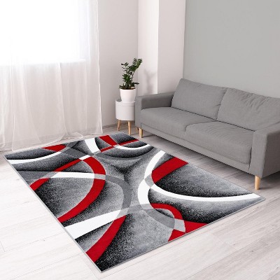 Gray and Red Abstract Geometric 4' x 5' Area Rug