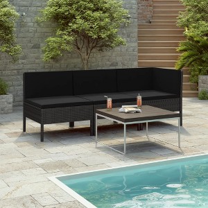 vidaXL 3 Piece Patio Lounge Set with Cushions Poly Rattan Black - 1 of 4