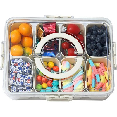 LunaLulinlk 1 Piece Divided Tray with Lid and Handle - Portable Snack Box Deli Container, Clear Snack Platter Organizer, 8 Compartments, White