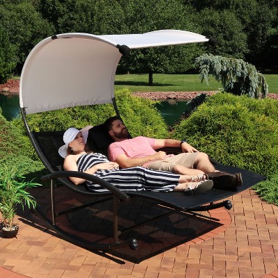 Black Double Chaise Rocking Lounge with Canopy and Cushions