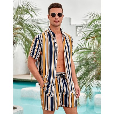 Men's 2 Piece Sets Summer Beach Striped Outfits Casual Short Sleeve T-Shirt and Shorts