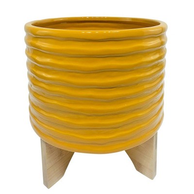 Sagebrook Home 12" Textured Ceramic Planter with Stand Mustard