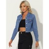 Allegra K Women's Solid Cropped Button-Down Plaid Cuffs Jean Jacket with Pockets - 2 of 4