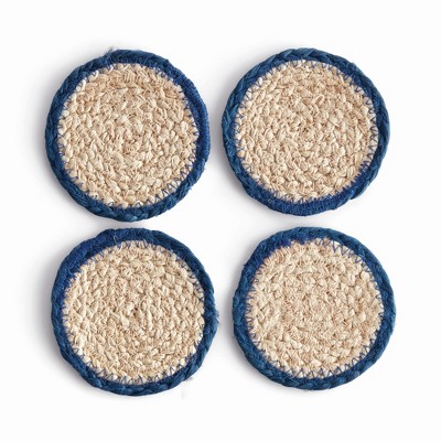 Plum & Post Jute Coasters, Set of 4 - Natural/Navy - Durable & Stylish