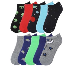 Tipi Toe Big Kids Boys 10 Pairs Classy Lightweight Novelty Alien & Space Pattern Ankle/Low Cut Socks - 1 of 3