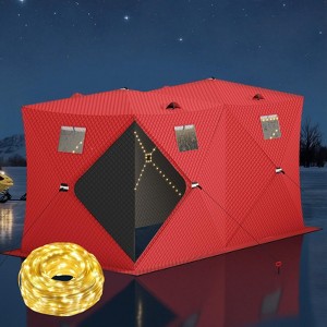 Portable Pop-Up Ice Fishing Tent, Fits 2-3 Person Ice Fishing Shelter, Insulated Hub Shelter with Anchors, Ropes, Light Strip & Carry Bag, Red+Black - 1 of 4