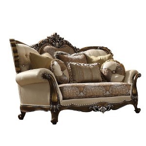 74" Latisha Sofa Tan, Pattern Fabric and Antique Oak Finish - Acme Furniture: Classic Style, Rolled Armrest, Nailhead Trim - 1 of 4
