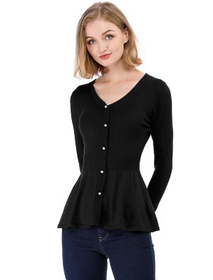 Allegra K Women's Slim Fit V-Neck Long Sleeve Ribbed Pullover Knitted Peplum Sweater