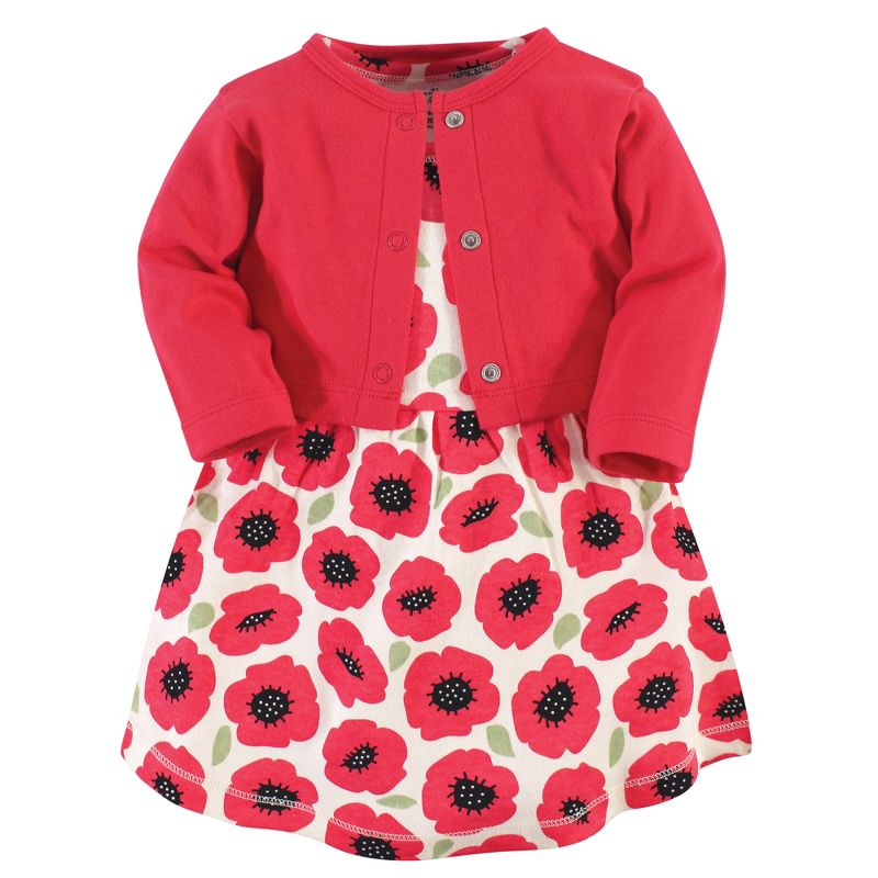 Touched by Nature Baby and Toddler Girl Organic Cotton Dress and Cardigan 2pc Set, Poppy, 1 of 6