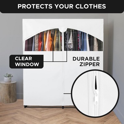 White Portable Wardrobe Closet with Metal Hanging Rod