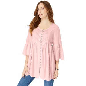 Roaman's Women's Plus Size Taylor Acid Wash Big Shirt - 1 of 4