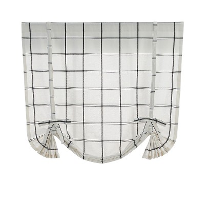 Kate Aurora Maxwell Off White & Black Plaid Country Farmhouse Tie Up Window Curtain Panel