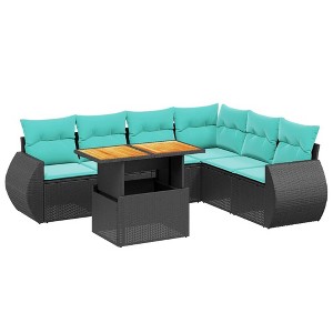 vidaXL 7 Piece Patio Sofa Set with Cushions Black Poly Rattan - Black 3x Middle + Table + Corner - 1 of 4