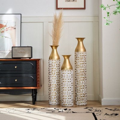 KWPZQEB Metal Vase Set of 3, Home Decorative Vase, Retro Vases for Kitchen, Bedroom, Office, Living Room & Table Centerpiece, White (24"¡Á29"¡Á32 '')